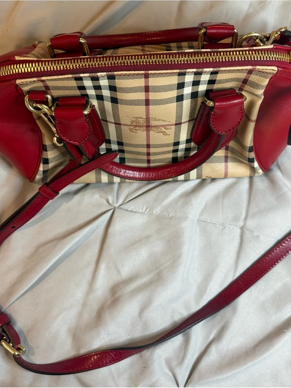 Burberry Haymarket Check Small Blaze Satchel – Military Red